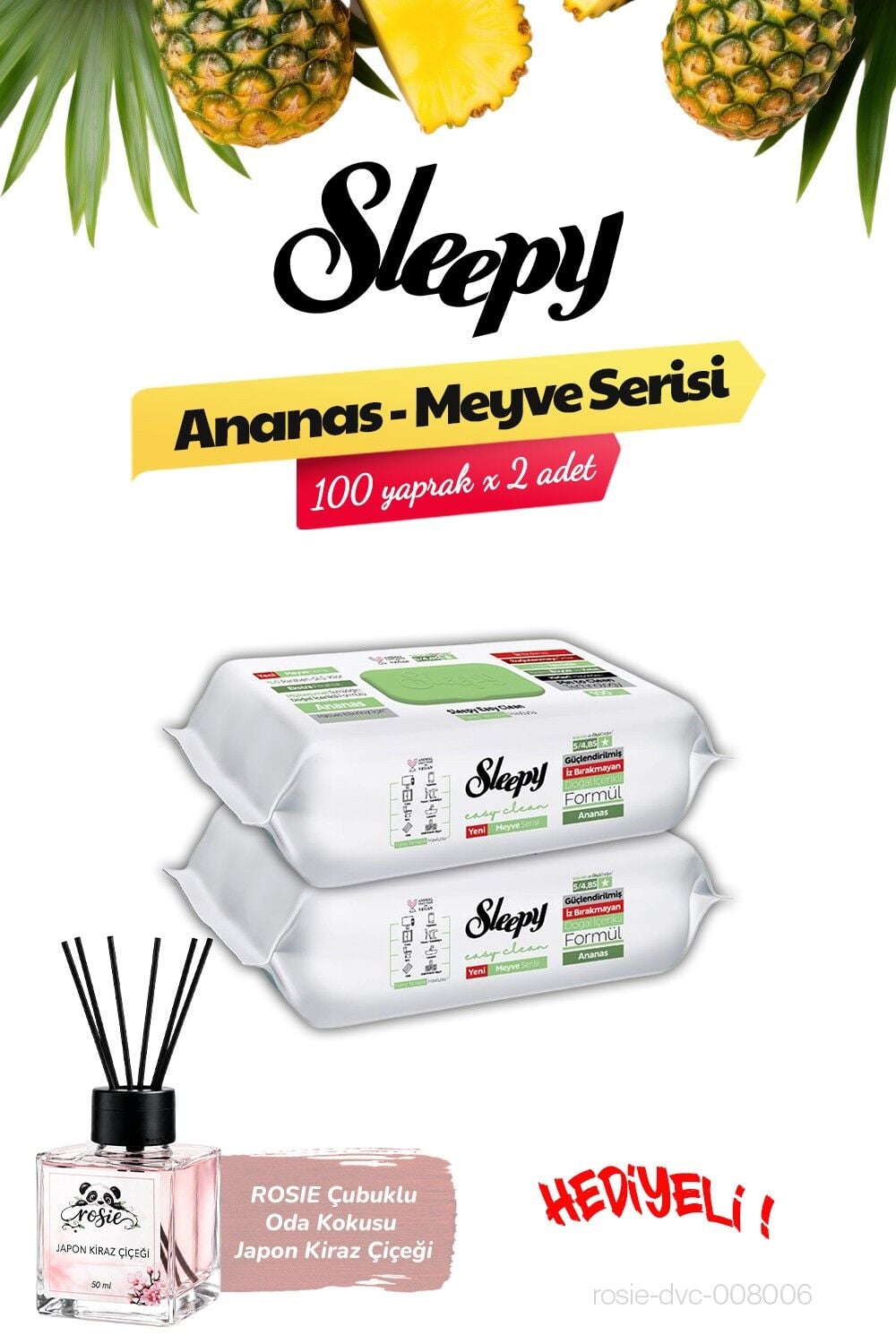 Sleepy Ananas Yüzey Temizleme Havlusu (100 yaprak x 2 paket), ROSIE Oda Kokusu