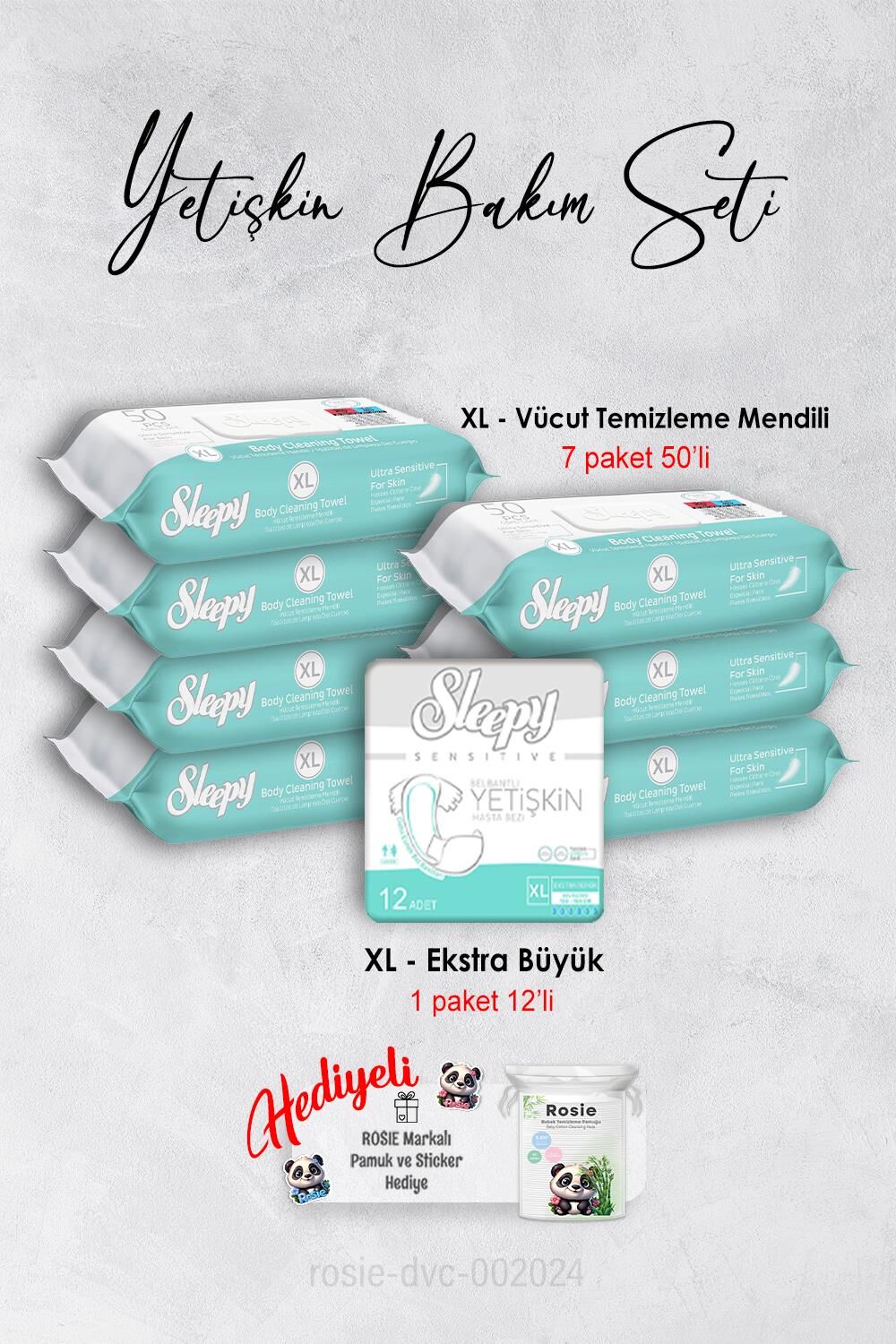 Sleepy Xl 50''li Vücut Temizleme Mendili X 7 ve XL Yetişkin Bezi 12' li, Rosie Hediyeli