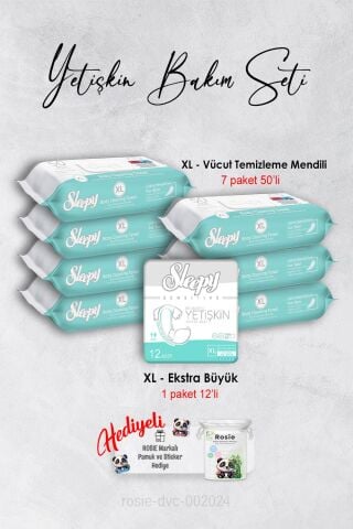 Sleepy Xl 50''li Vücut Temizleme Mendili X 7 ve XL Yetişkin Bezi 12' li, Rosie Hediyeli
