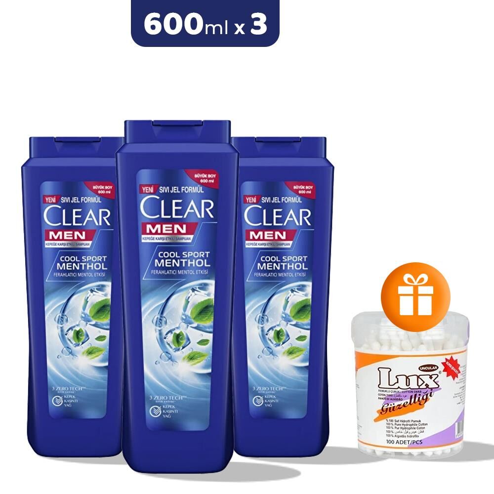 Clear Men Şampuan Cool Sport Menthol 600 ml x 3, Pamuk Çubuğu Hediye