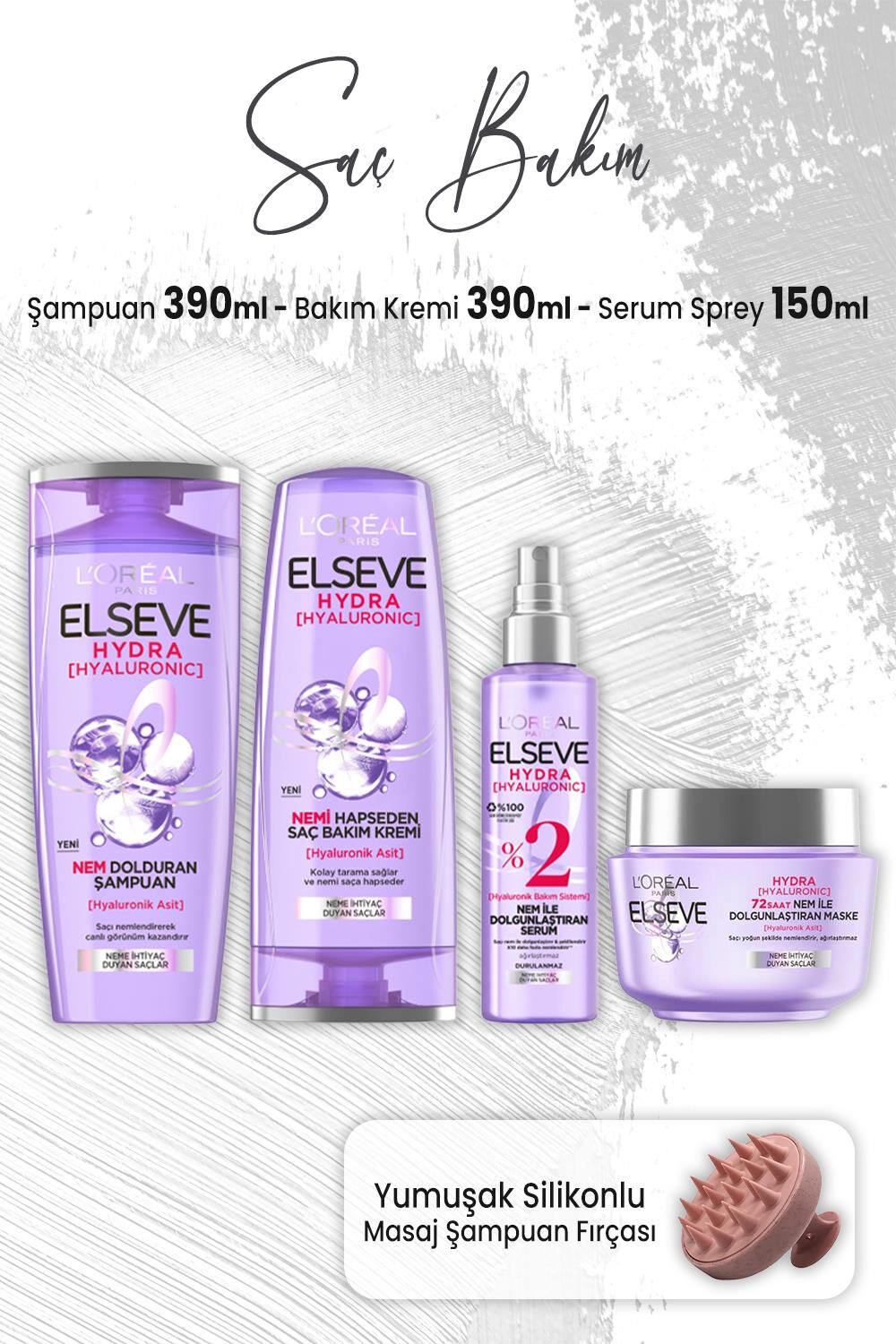 Elseve Hydra Hyaluronik Saç Bakım Seti ve Masaj Şampuan Fırçası Pembe