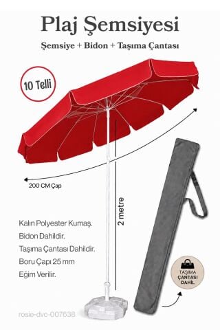 Kırmızı Plaj Şemsiyesi 200 cm Çap / 10 Telli + Bidon + Taşıma Çantası Dahil