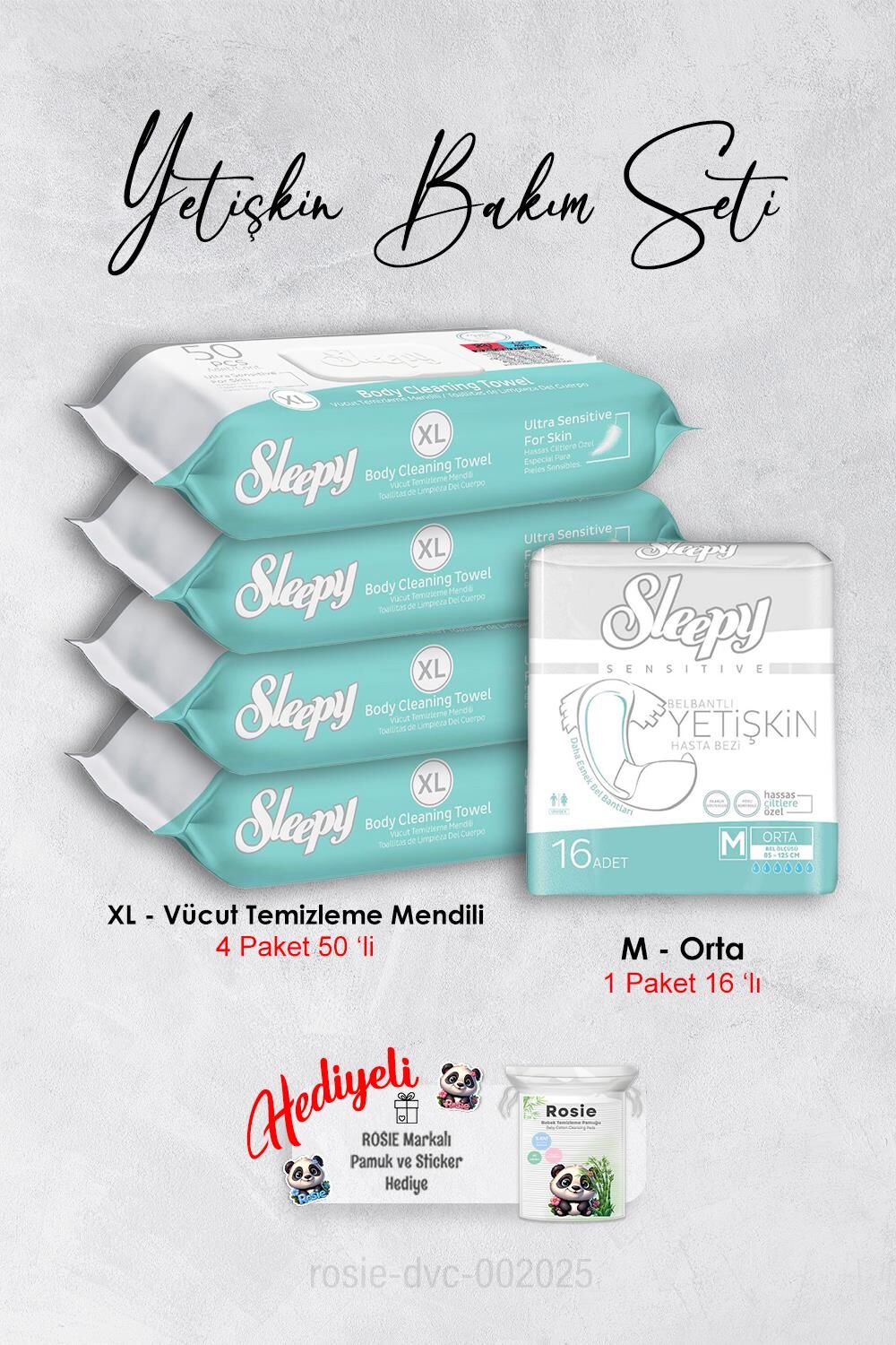 Sleepy Xl 50''li Vücut Temizleme Mendili X 4 ve Medium Yetişkin Bezi 16' lı, Rosie Hediyeli