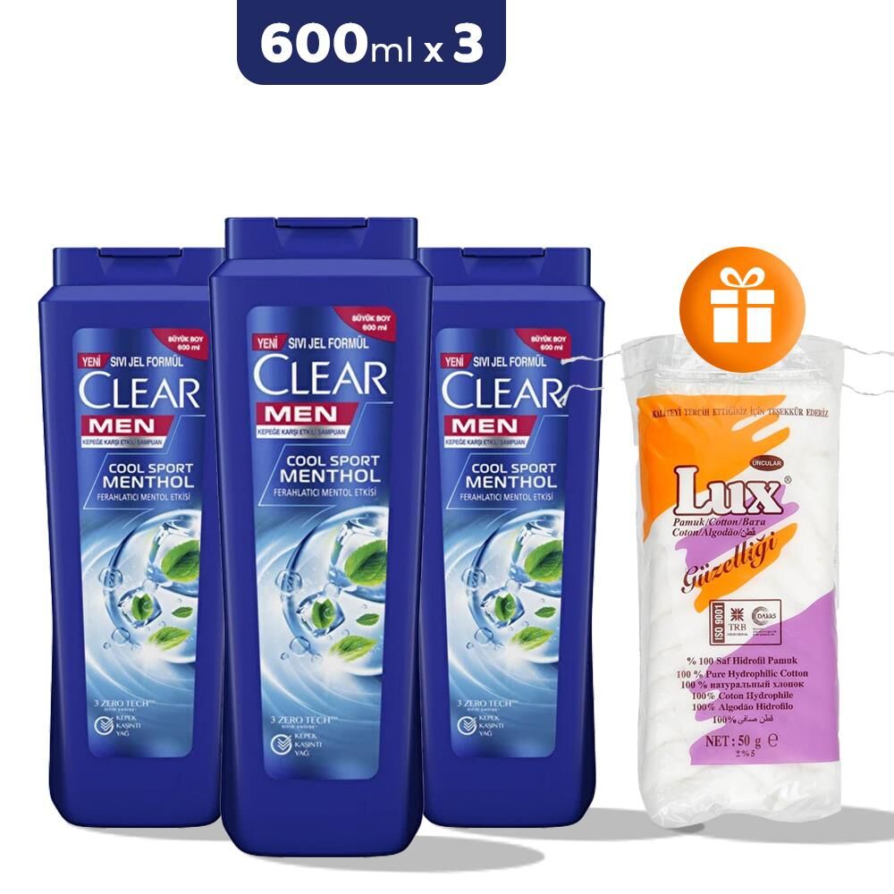 Clear Men Şampuan Cool Sport Menthol 600 ml x 3, Pamuk 50 gr Hediye