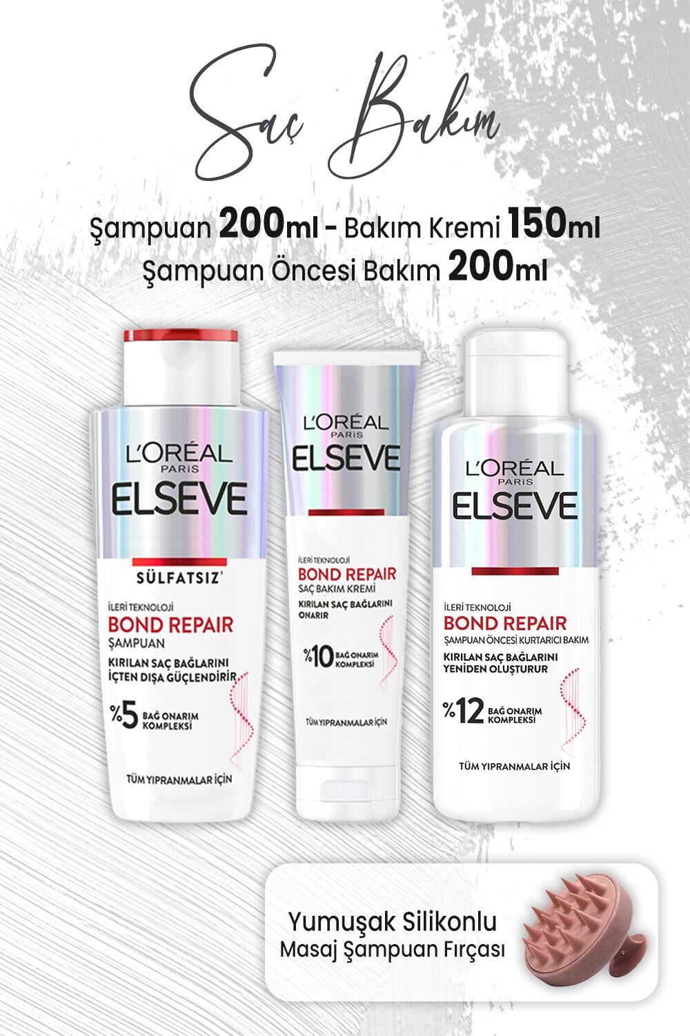 Elseve Bond Repair Saç Bakım Seti ve Masaj Şampuan Fırçası Pembe