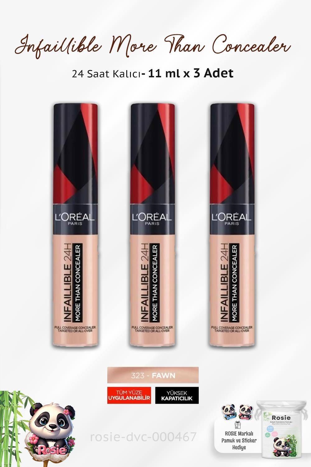3 Adet Loreal Paris Infaillible 24H More Than Concealer 323 Fawn ve ROSIE