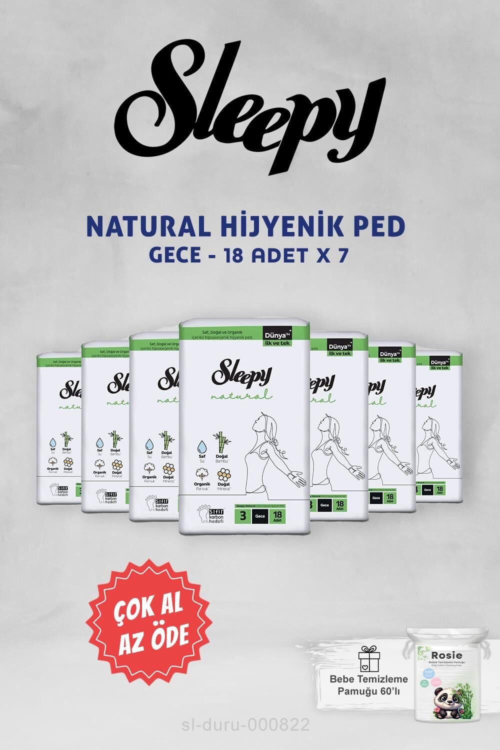 Sleepy Natural Ultra Hassas Hijyenik Ped Gece 7 Paket 18'li, Rosie