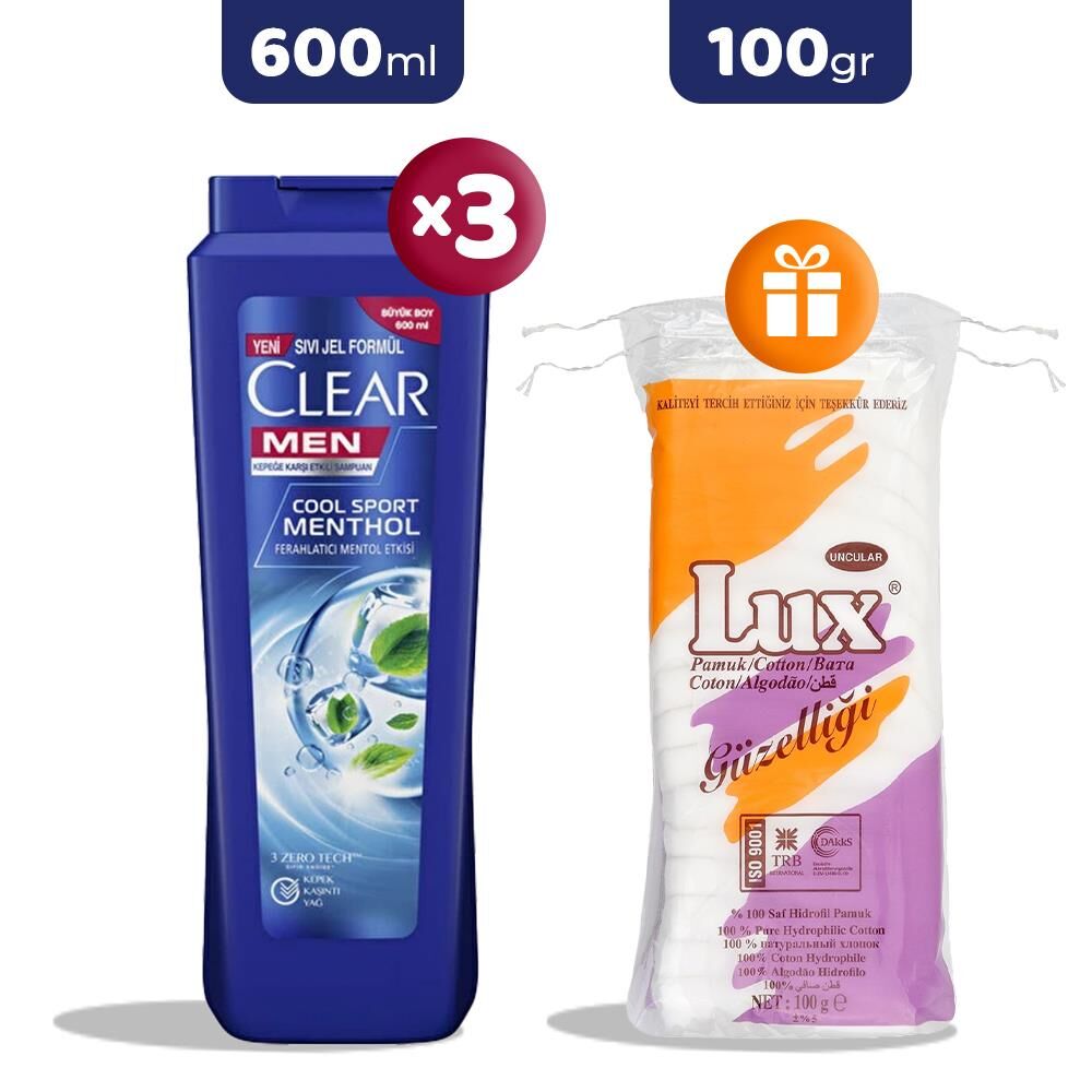 Clear Men Şampuan Cool Sport Menthol 600 ml x 3, Pamuk 100 gr Hediye