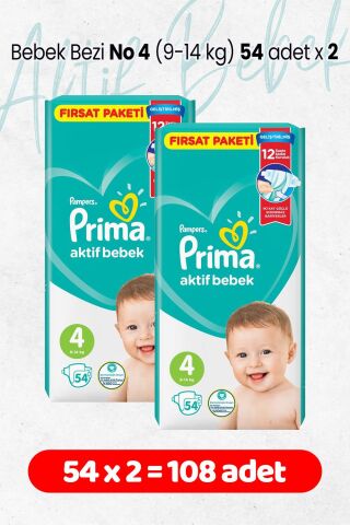 Prima Bebek Bezi Aktif Bebek 4 Beden 54 Adet Fırsat Paketi x 2 Adet