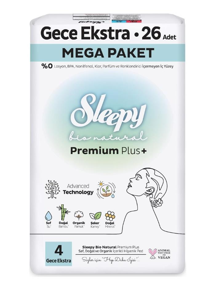 Sleepy Bio Natural Premium Plus Hijyenik Ped Mega Paket Gece 26 adet