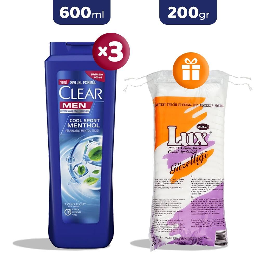 Clear Men Şampuan Cool Sport Menthol 600 ml x 3, Pamuk 200 gr Hediye