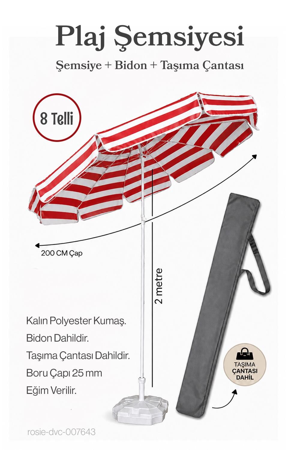 Kırmızı Beyaz 200 Çap / 8 Telli Plaj Şemsiyesi  + Bidon + Taşıma Çantası Dahil