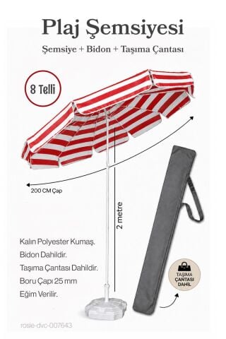 Kırmızı Beyaz 200 Çap / 8 Telli Plaj Şemsiyesi  + Bidon + Taşıma Çantası Dahil