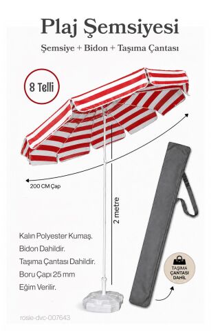 Kırmızı Beyaz 200 Çap / 8 Telli Plaj Şemsiyesi  + Bidon + Taşıma Çantası Dahil