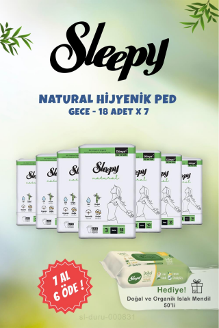 7 AL 6 ÖDE Sleepy Natural Gece Hassas Hijyenik Ped 18 Adet ve 50 li Doğal Islak Mendil