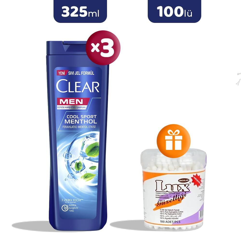 Clear Men Şampuan Ferahlatıcı Mentol Etkisi 325 ml x 3, Pamuk Çubuğu Hediye