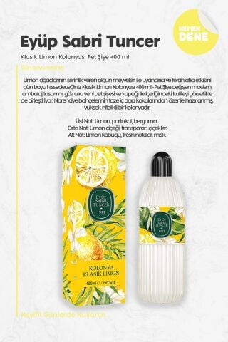 Eyüp Sabri Tuncer Klasik Limon Kolonyası 80 Derece Cam Şişe 400 ml