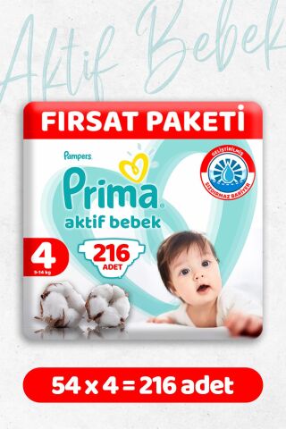 Prima Bebek Bezi Aktif Bebek 4 Beden 54 Adet Fırsat Paketi x 4 Adet