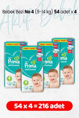 Prima Bebek Bezi Aktif Bebek 4 Beden 54 Adet Fırsat Paketi x 4 Adet