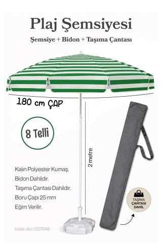 Plaj Şemsiyesi  180 Çap / 8 Telli Yeşil Beyaz + Bidon + Taşıma Çantası Dahil