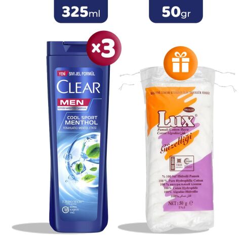 Clear Men Şampuan Ferahlatıcı Mentol Etkisi 325 ml x 3, Pamuk 50 gr Hediye