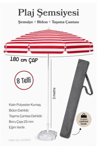 Kırmızı Beyaz Plaj Şemsiyesi 180 Çap / 8 Telli + Bidon + Taşıma Çantası Dahil