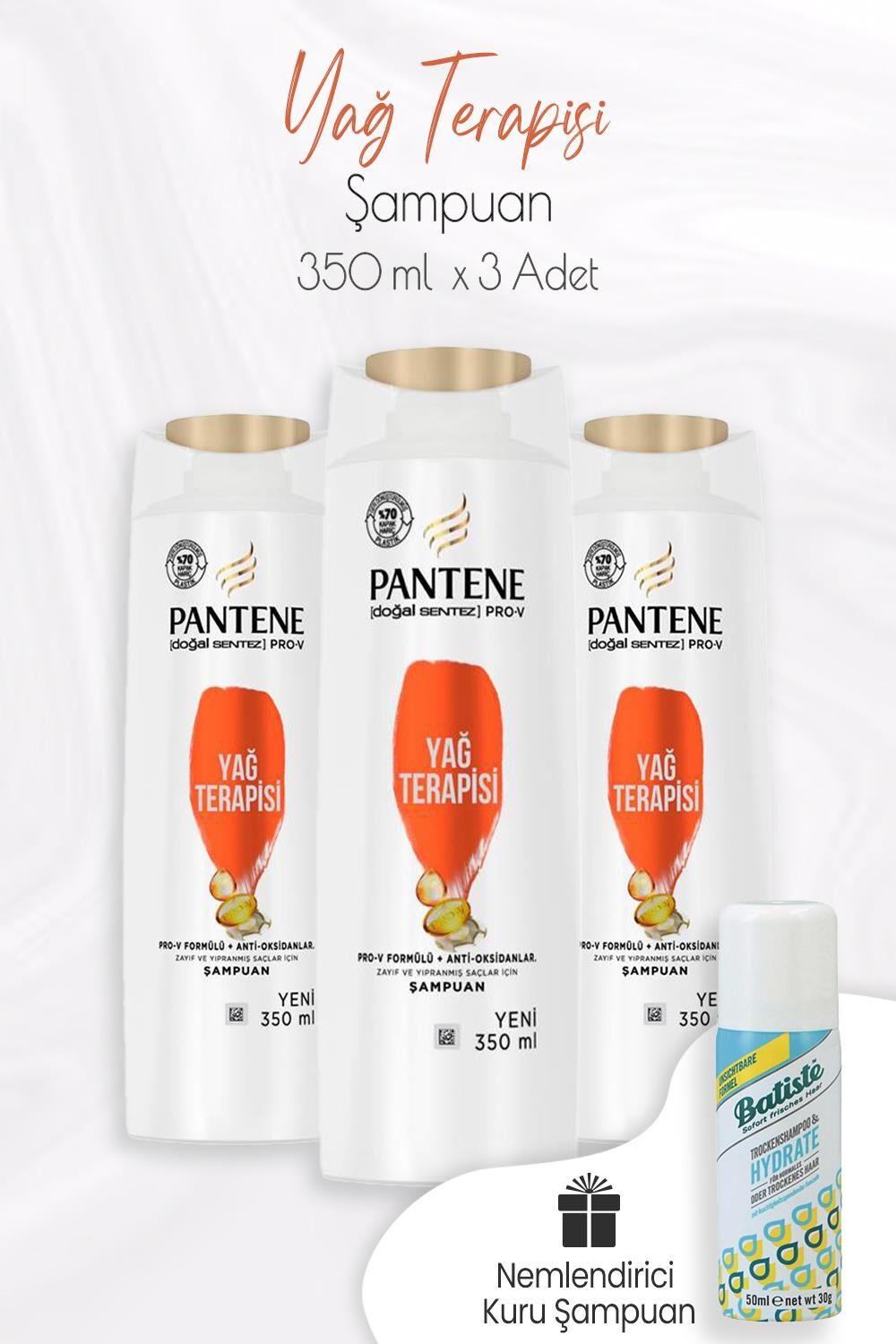 Pantene Şampuan Pro-V Doğal Sentez Yağ Terapisi 350 ml x 3 Adet ve Kuru Şampuan 50 ml