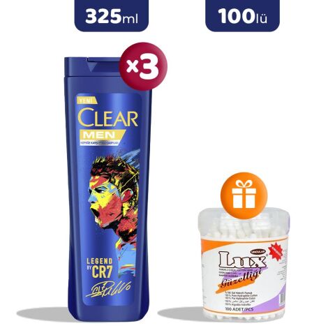 Clear Men Şampuan Legend By Cr7 Cristiano Ronaldo 325 ml x 3, Pamuk Çubuğu Hediye