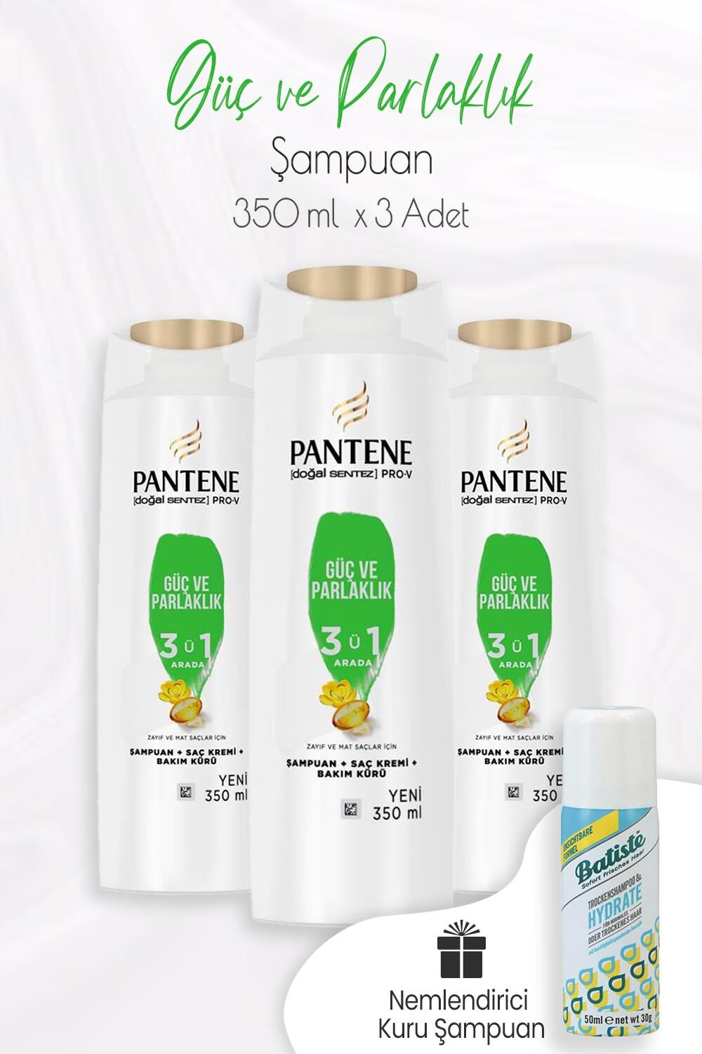 Pantene Şampuan Pro-V Güç ve Parlaklık 3'ü 1 Arada 350 ml x 3 Adet ve Kuru Şampuan 50 ml