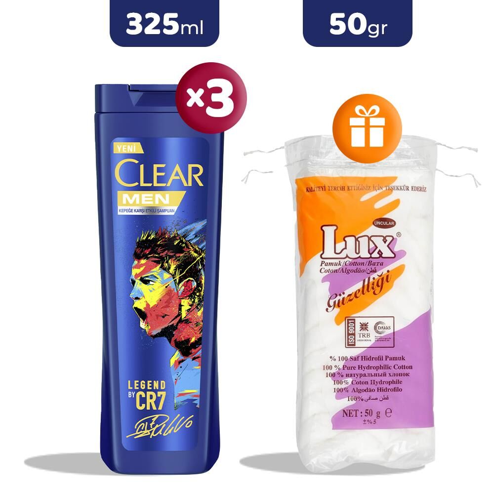 Clear Men Şampuan Legend By Cr7 Cristiano Ronaldo 325 ml x 3, Pamuk 50 gr Hediye