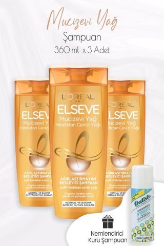 Elseve Mucizevi Yağ Besleyici Şampuan Hindistan Cevizi 360 ml x 3 Adet ve Kuru Şampuan 50 ml