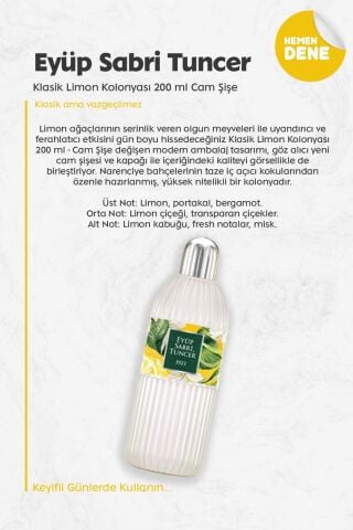 Eyüp Sabri Tuncer Klasik Limon Kolonyası 200 ml Cam Şişe
