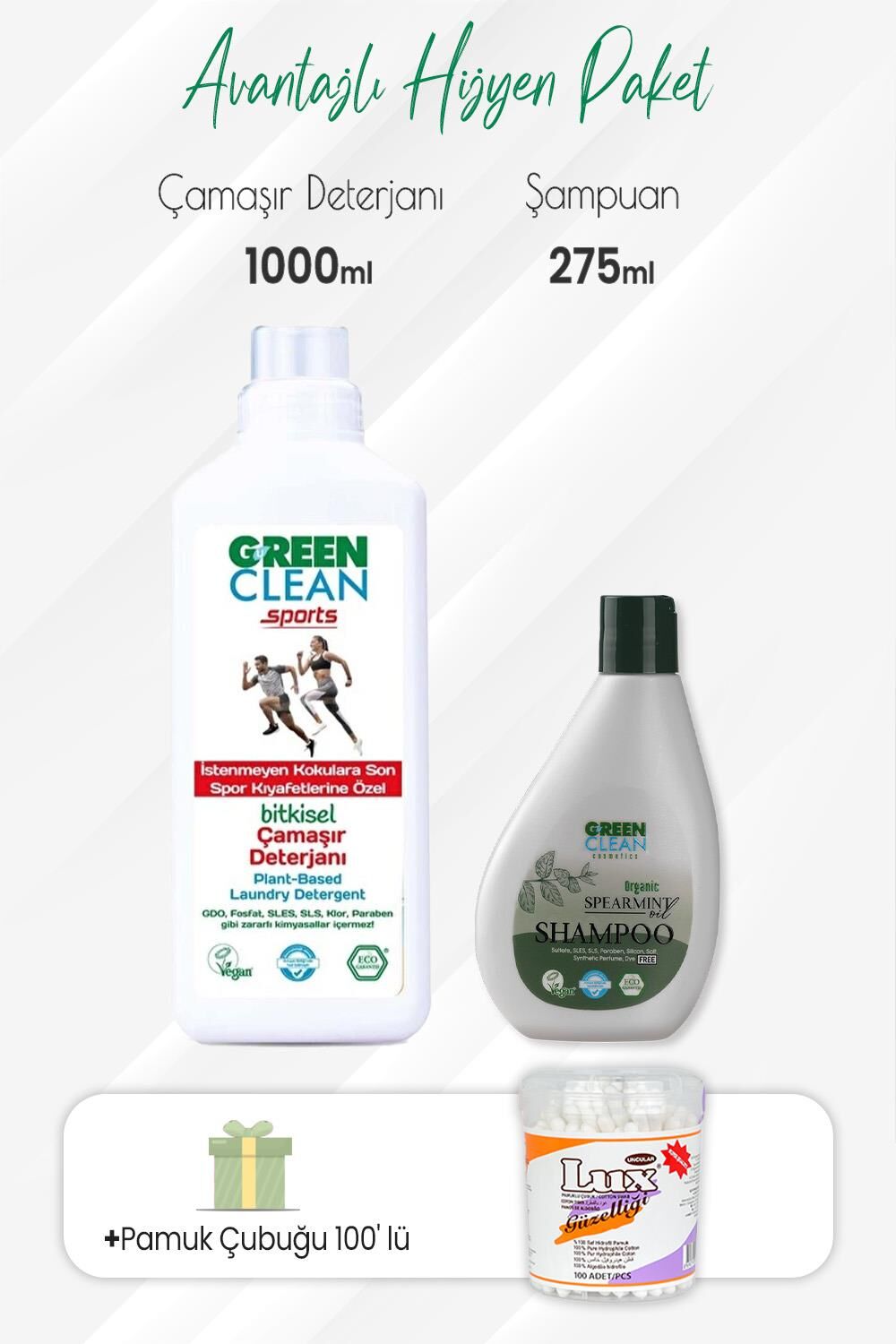 Green Clean Sports Çamaşır Deterjanı,Şampuan Spearmint 275 ml ve Pamuk Çubuğu