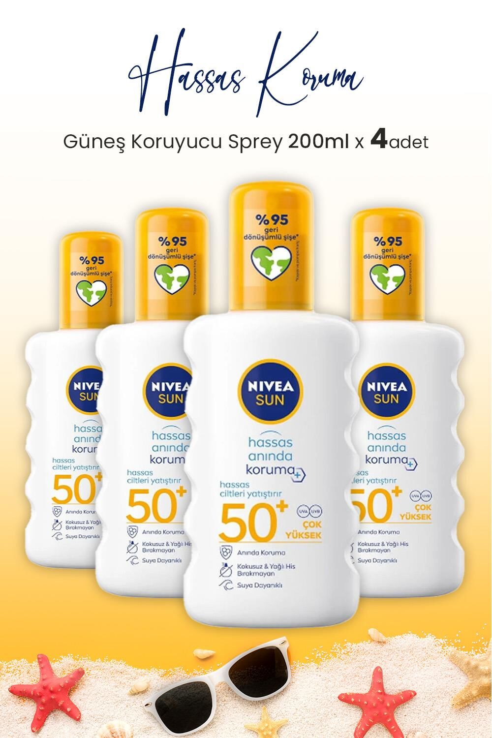 Nivea Sun Güneş Koruyucu Sprey Hassas Koruma SPF50+ 200 ml x 4 Adet