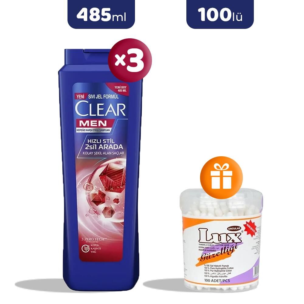 Clear Hızlı Stil 2'si 1 Arada Şampuan 485 ml x 3, Pamuk Çubuğu Hediye