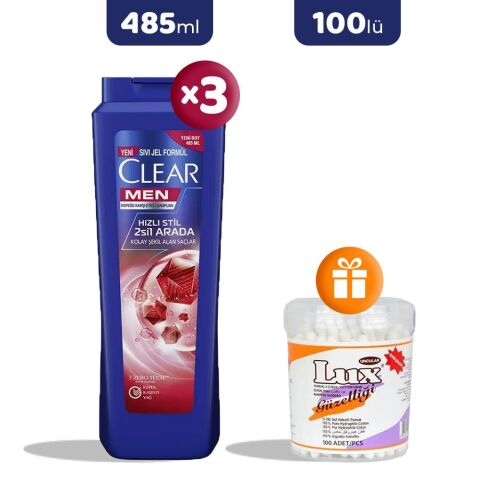 Clear Hızlı Stil 2'si 1 Arada Şampuan 485 ml x 3, Pamuk Çubuğu Hediye