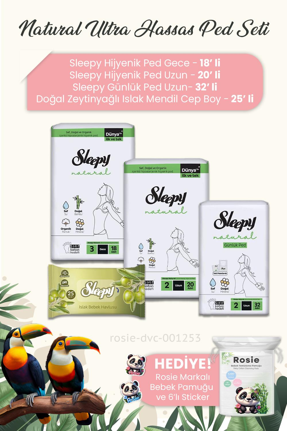 Sleepy Natural Ultra Hassas Hijyenik Ped  3'lü, Zeytinyağlı Mendil Cep Boy 25' li ve ROSIE