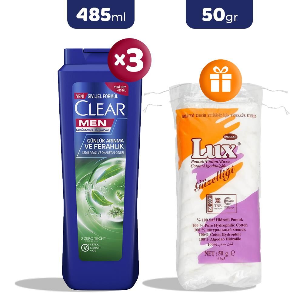 Clear Men Şampuan Günlük Arınma ve Ferahlık 485 ml x 3, Pamuk 50 gr Hediye