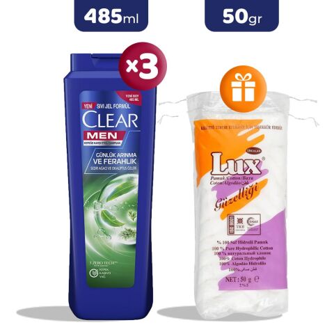 Clear Men Şampuan Günlük Arınma ve Ferahlık 485 ml x 3, Pamuk 50 gr Hediye