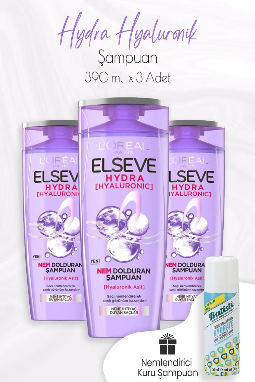 Elseve Hydra Hyaluronik Şampuan 390 ml x 3 Adet ve Kuru Şampuan 50 ml