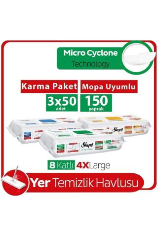 Beyaz Sabun, Arap Sabun ve Çamaşır Suyu Katkılı 4 XLarge Mopa Uyumlu Temizlik Havlusu 50 Yaprak,