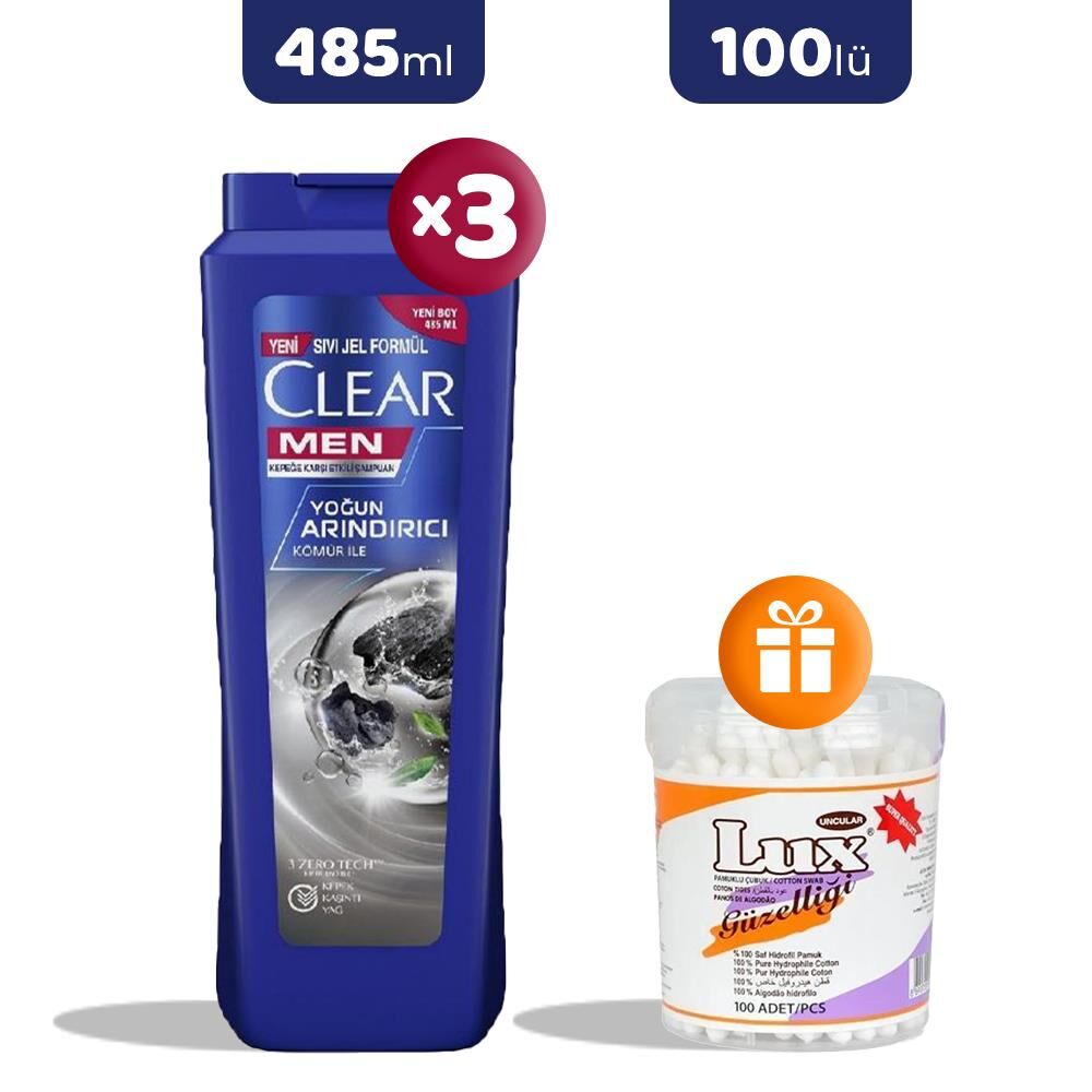 Clear Men Şampuan Yoğun Arındırıcı Kömür İle 485 ml x 3, Pamuk Çubuğu Hediye