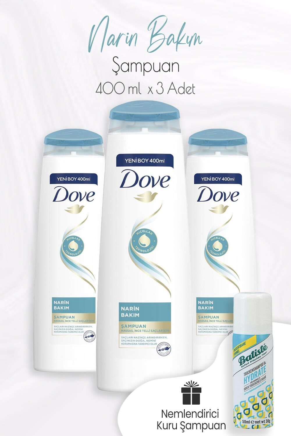 Dove Narin Bakım Şampuan Hassas İnce Telli Saçlar 400 ml x 3 Adet ve Kuru Şampuan 50 ml