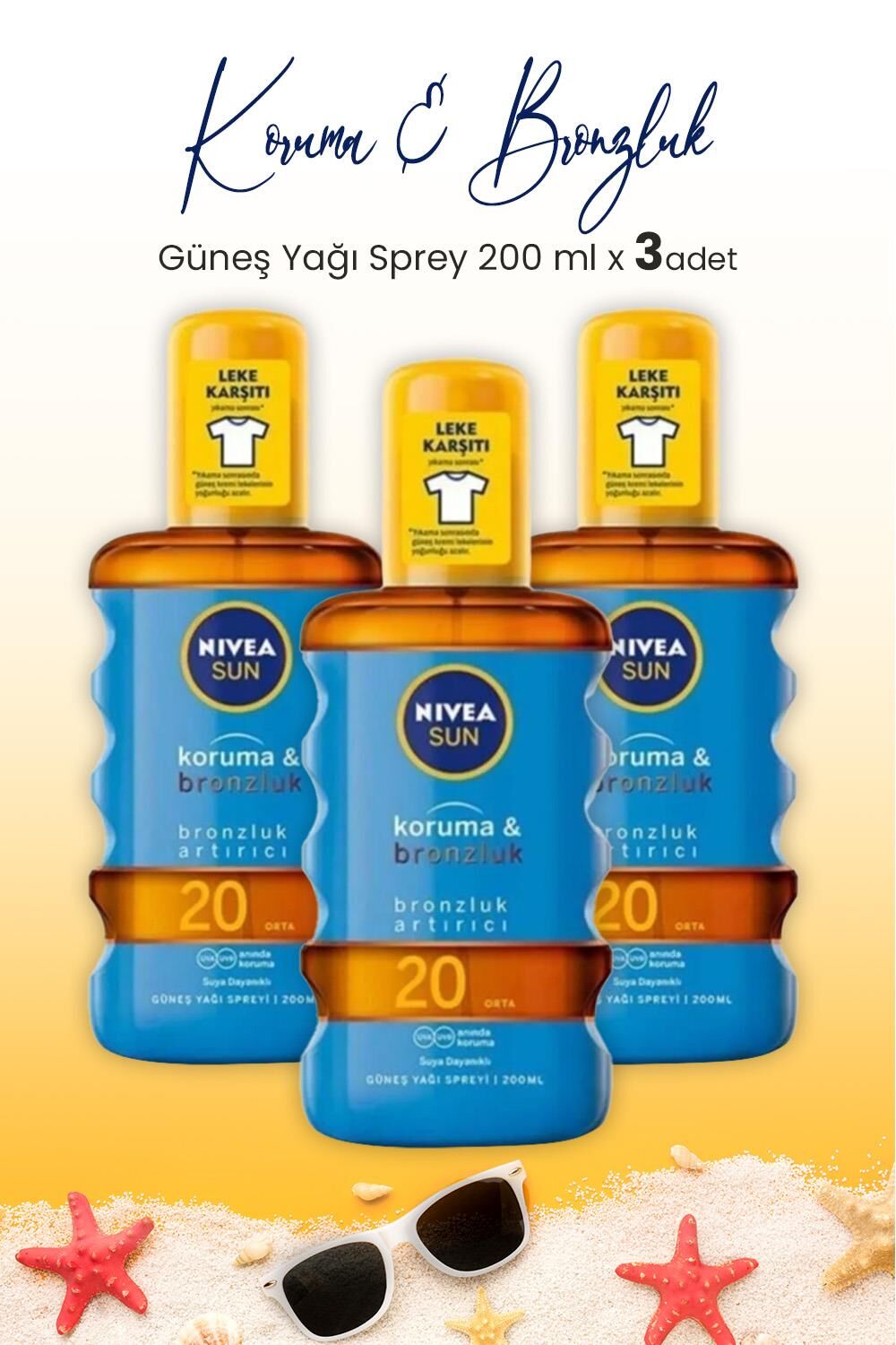 Nivea Sun SPF20 Koruma & Bronzluk Güneş Yağı Sprey 200 ml x 3 Adet