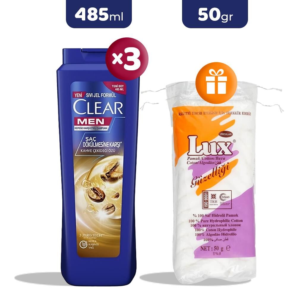 Clear Men Şampuan Saç Dökülmesine Karşı Kahve Çekirdeği Özü 485 ml x 3, Pamuk 50 gr Hediye
