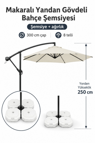 Makaralı Krem Bahçe Şemsiyesi 300 cm Çap / 8 Telli + 4'lü 20 lt Sabitleyici Bidon DAHİLDİR