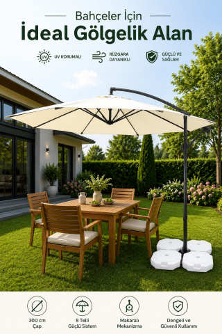 Makaralı Krem Bahçe Şemsiyesi 300 cm Çap / 8 Telli + 4'lü 20 lt Sabitleyici Bidon DAHİLDİR
