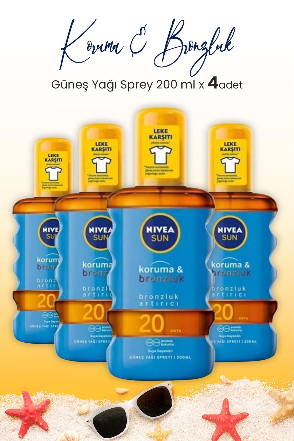 Nivea Sun SPF20 Koruma & Bronzluk Güneş Yağı Sprey 200 ml x 4 Adet
