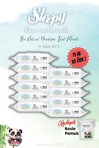 Bio Natural Yenidoğan Islak Havlu 40'lı 11 Al 10 Öde ve Rosie Hediye