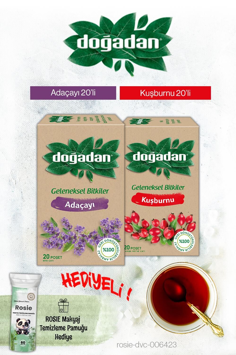 Doğadan Kuşburnu ve Adaçayı Poşet Çay ve Rosie Hediyeli